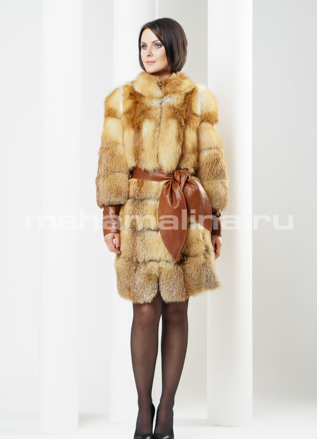 Шуба из лисы, съемный рукав модель № S-254 меха малина