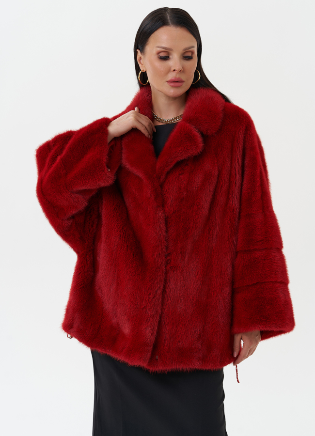 Шуба из норки красного цвета модель № 25273 меха малина