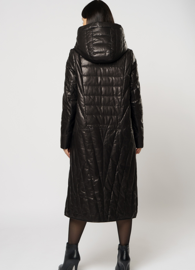 Кожаный пуховик на молнии с капюшоном модель № 2091 в кредит