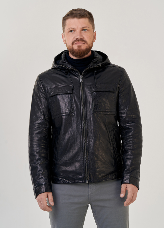 фото Мужская кожаная куртка с капюшоном модель № 80596