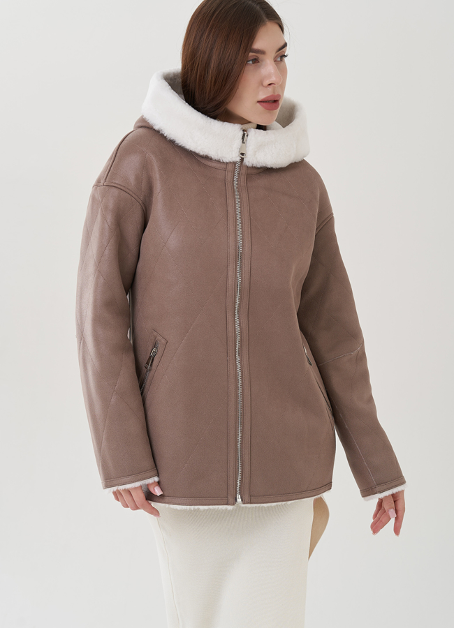 Двухсторонняя женская дубленка из эко замши  модель № 25407 универмаг малина