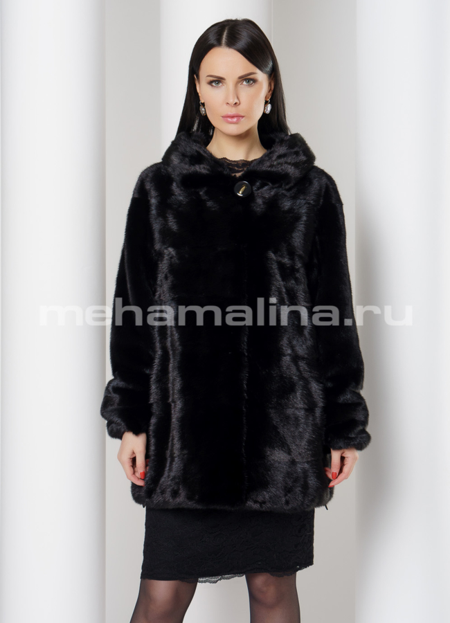 Шуба из черной норки, укороченная с капюшоном модель № S-761 меха малина