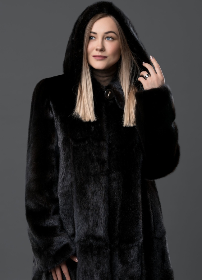 Норковая шуба в цвете махагон с капюшоном модель № S-771 в рассрочку