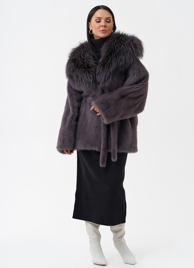 Шуба -кимоно из норки с поясом модель № 26040 универмаг малина