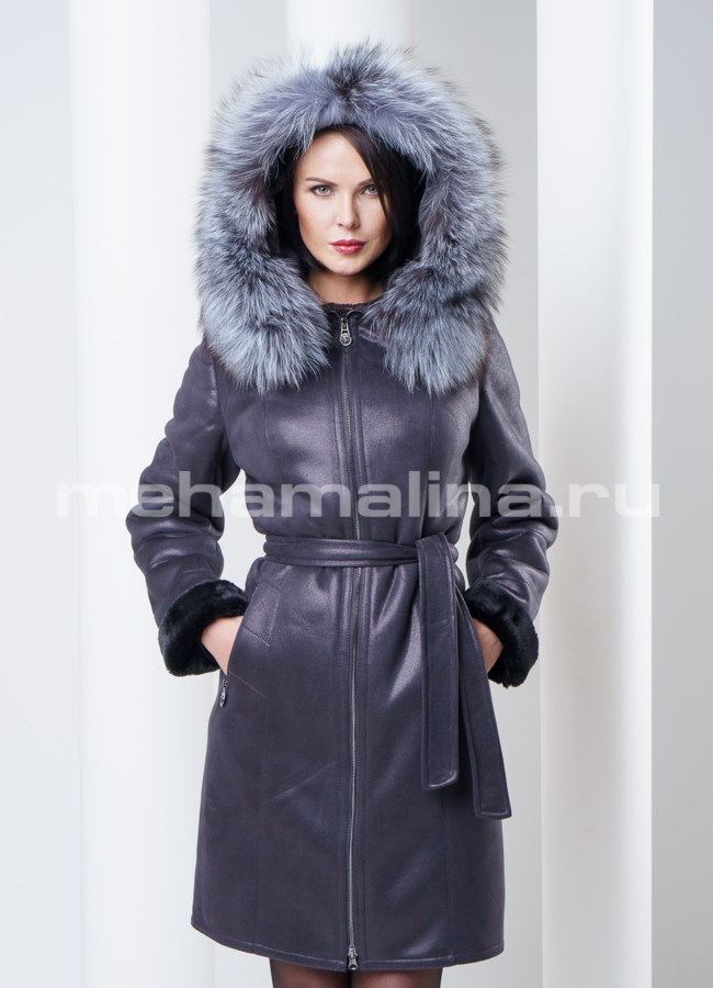 Дубленка на молнии, с чернобуркой модель № D-142 меха малина