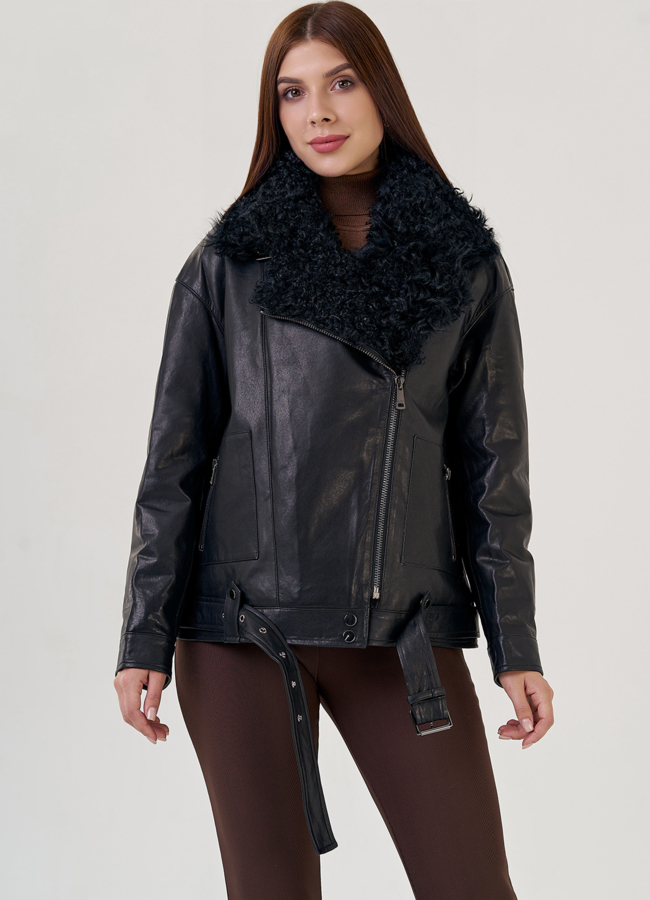 Куртка женская из натуральной кожи модель № 23263 меха малина