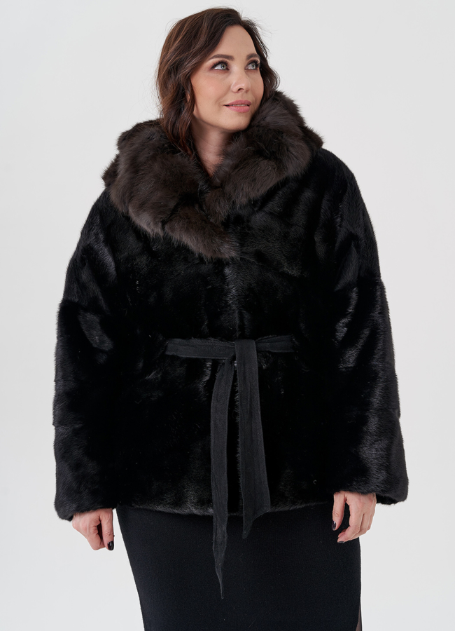 Укороченная шуба из норки с отделкой из куницы модель № 23985 универмаг малина