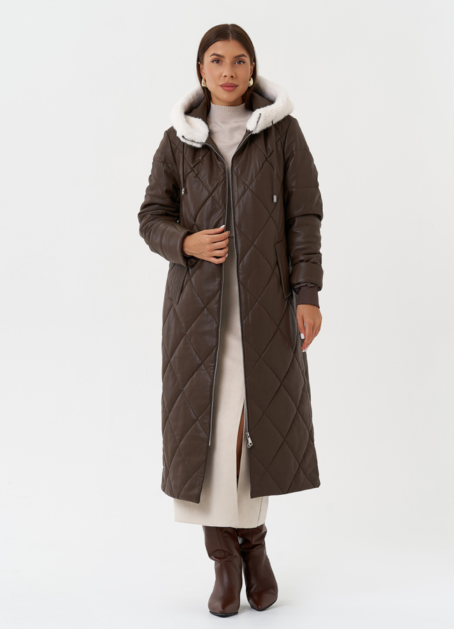 Пуховик из эко кожи с капюшоном модель № 27730 универмаг малина