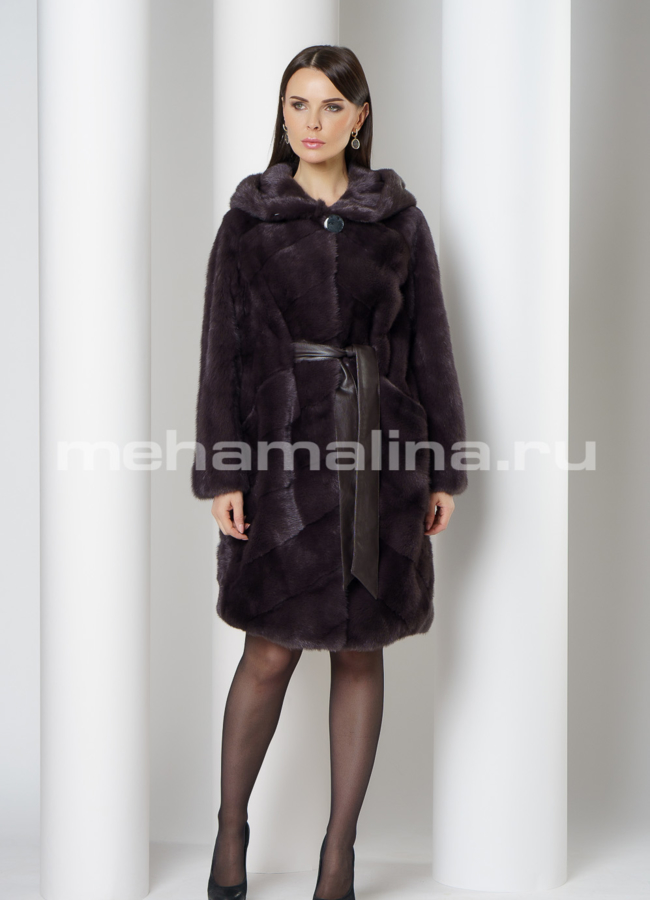 фото Шуба из норки с капюшоном в цвете уголь модель № S-757