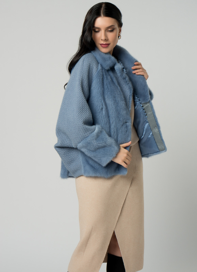 Кардиган голубого цвета с отделкой из норки модель № 21857 универмаг малина
