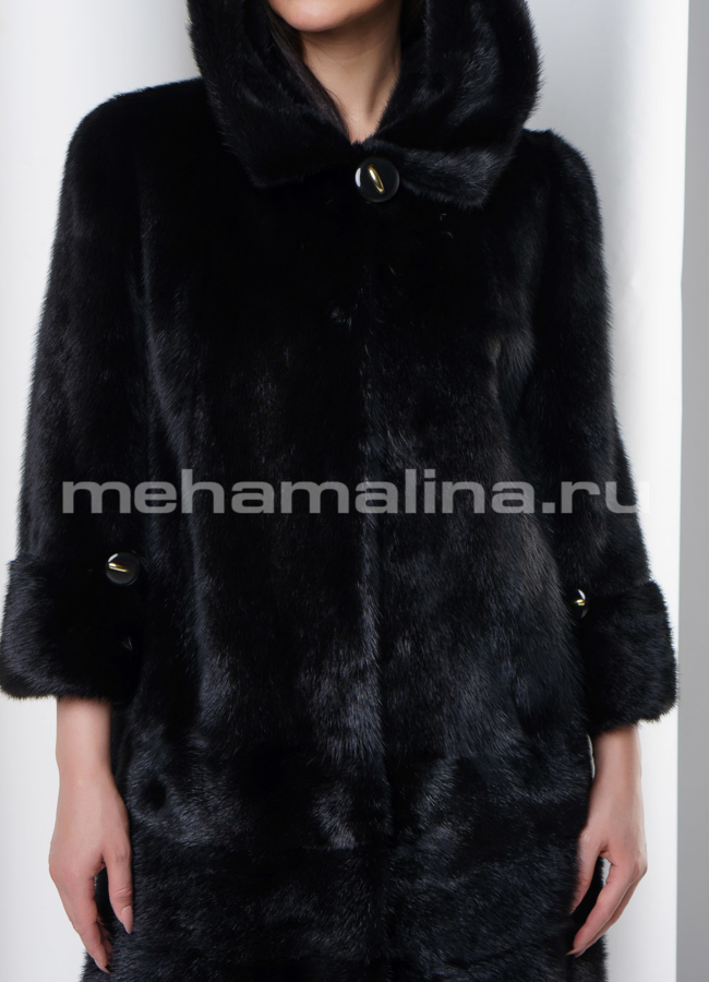Норковая шуба черного цвета с капюшоном модель № S-544 в кредит