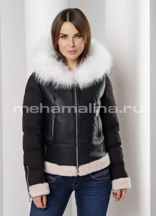 Укороченный пуховик модель № П-297 меха малина