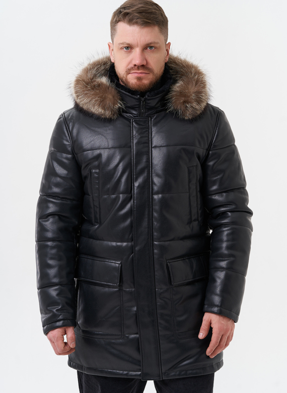 Пуховик из эко кожи с капюшоном из меха енота