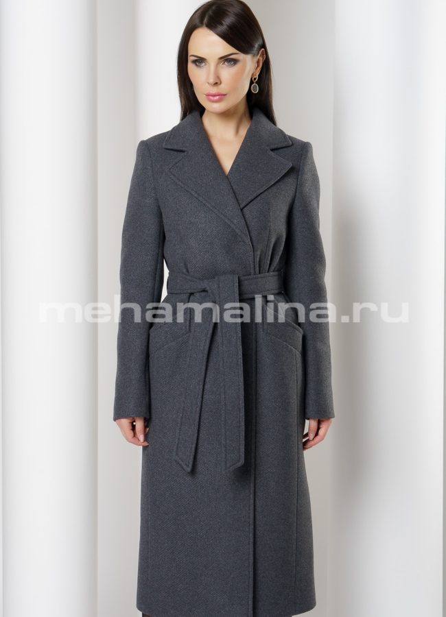 Серое пальто с английским воротником, на кнопках  модель № 2547 меха малина