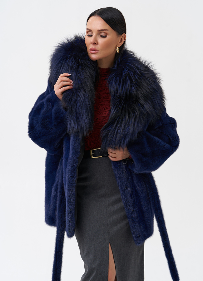 Синяя норковая шуба с капюшоном модель № 28098 универмаг малина