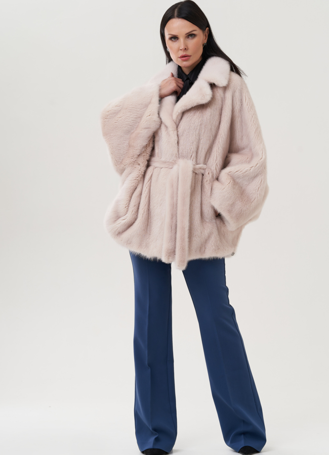 Шуба в цвете пудра с английским воротником модель № 24820 универмаг малина