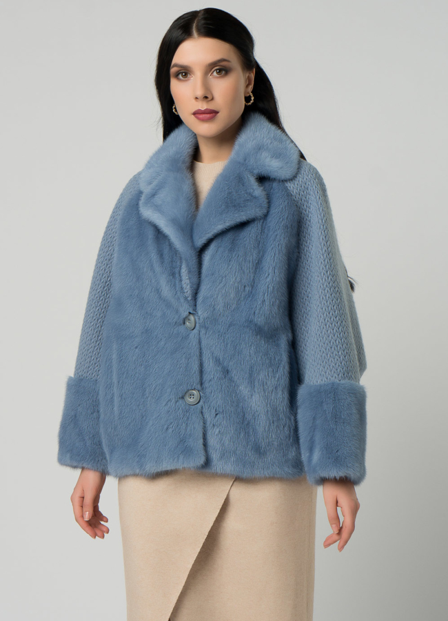 Кардиган голубого цвета с отделкой из норки модель № 21857 меха малина