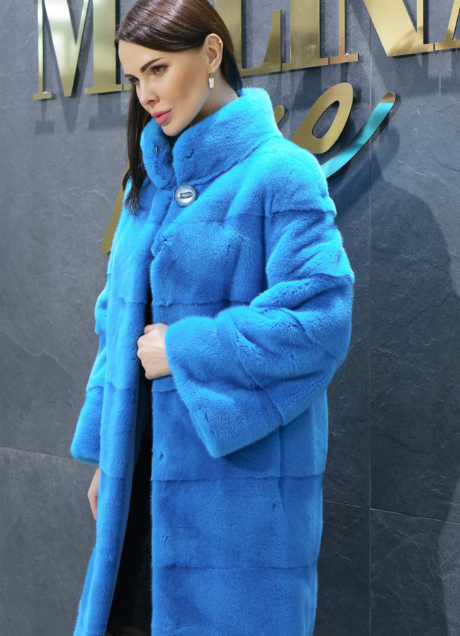 Норковая шуба в поперечном раскладе со стойкой модель № S-767 меха малина