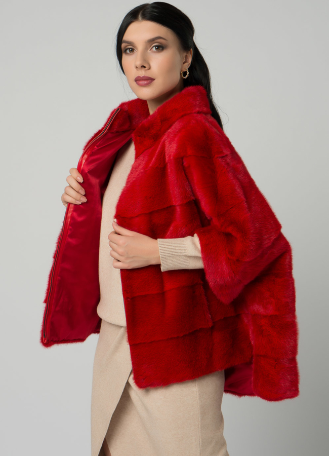 Короткая шуба на молнии красного цвета модель № 21915 универмаг малина