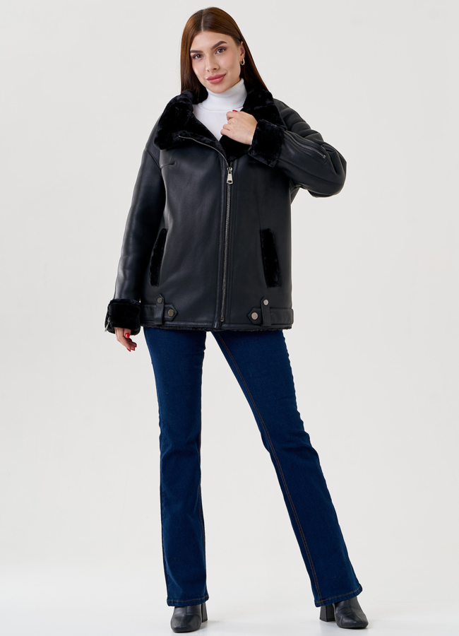 фото Дубленка из искусственного меха в черном цвете модель № 79309