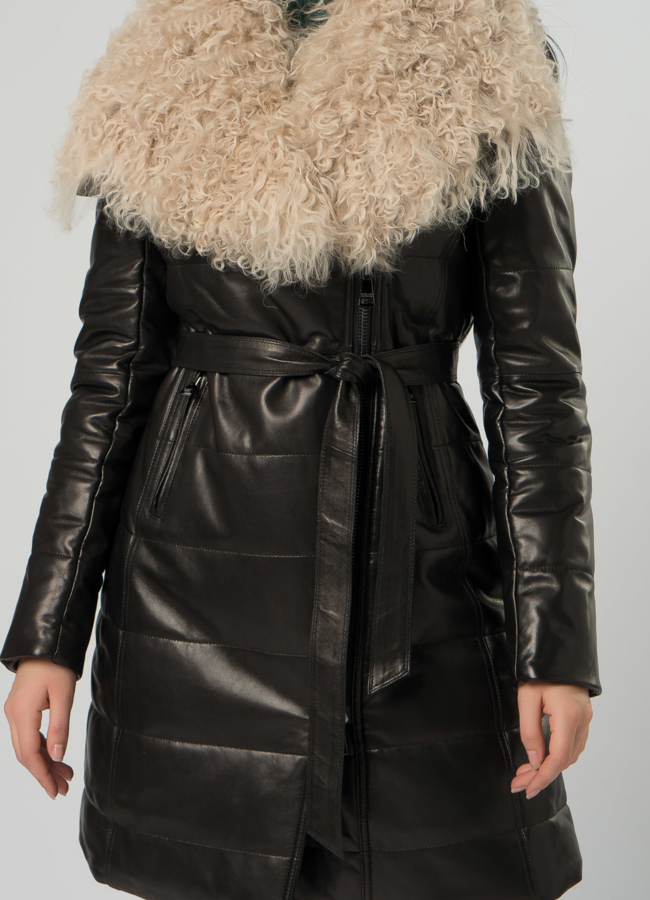 Пуховик из натуральной кожи с мехом модель № 72916 в рассрочку