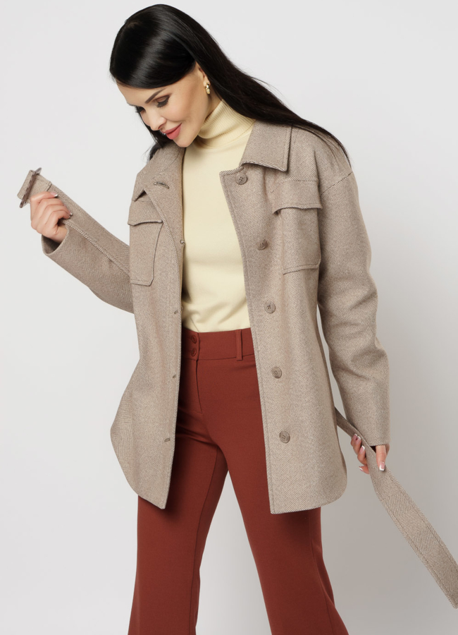 Женское пальто-рубашка коричневого цвета модель № 20763 универмаг малина