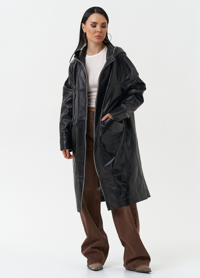 Женский плащ из натуральной кожи с капюшоном модель № 30339 в рассрочку