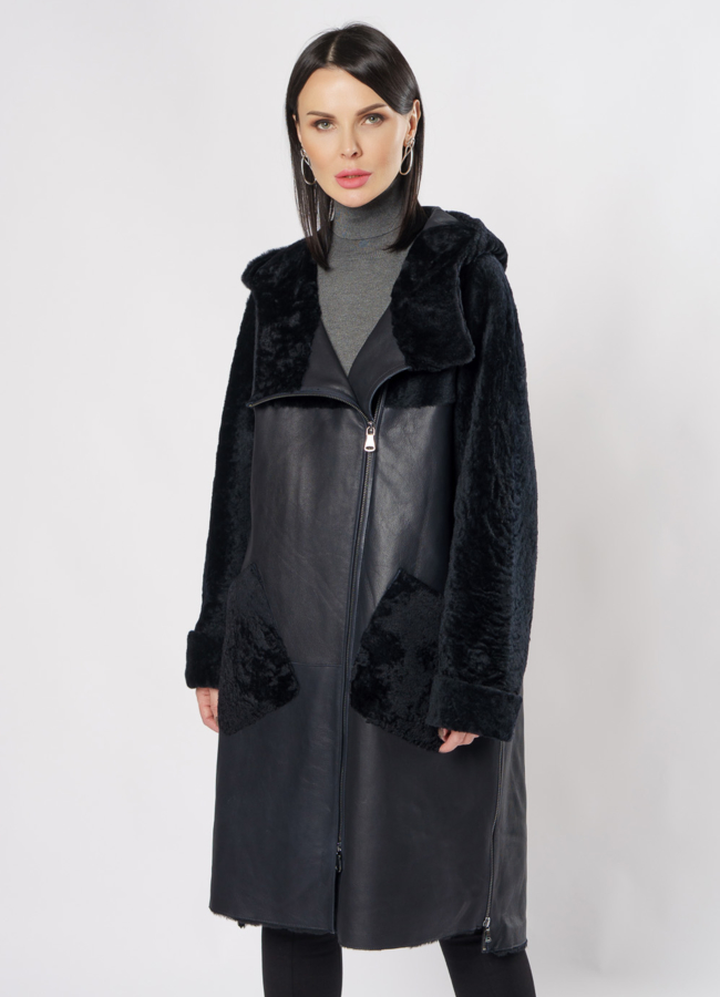 Дубленка на молнии с капюшоном модель № 3566-97 меха малина