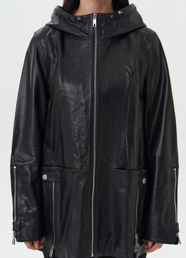 Удлиненная куртка из натуральной кожи с капюшоном модель № 28031 универмаг малина Удлиненная куртка из натуральной кожи с капюшоном модель № 28031 универмаг малина