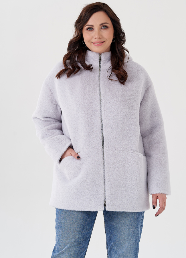 Женское укороченное пальто с капюшоном модель № 23900 меха малина