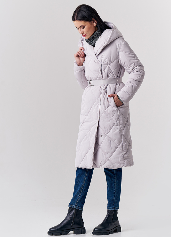 Женский пуховик в сером цвете с капюшоном модель № 21681 в кредит