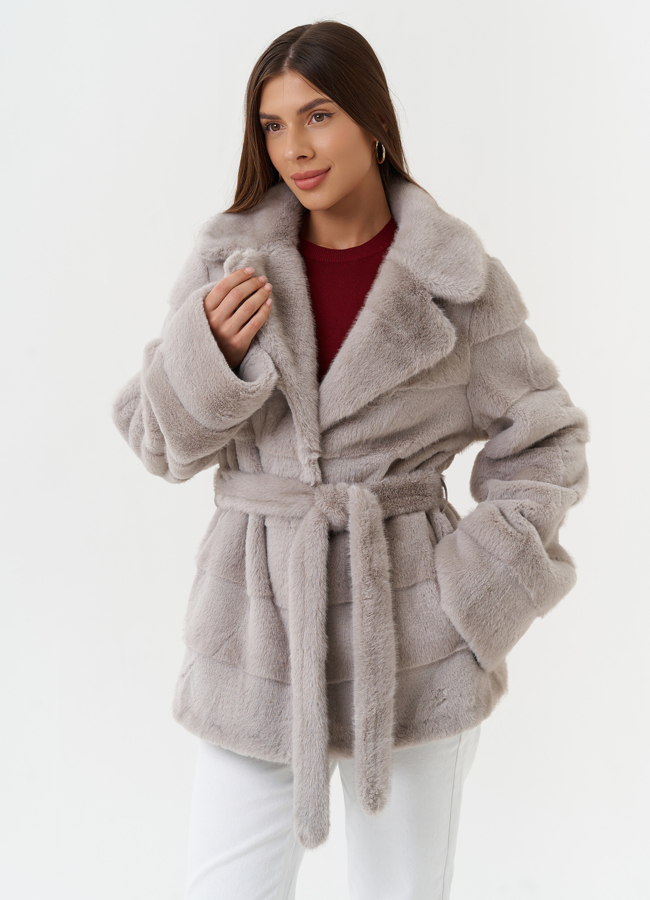 фото Шуба из эко меха с поясом модель № 27713