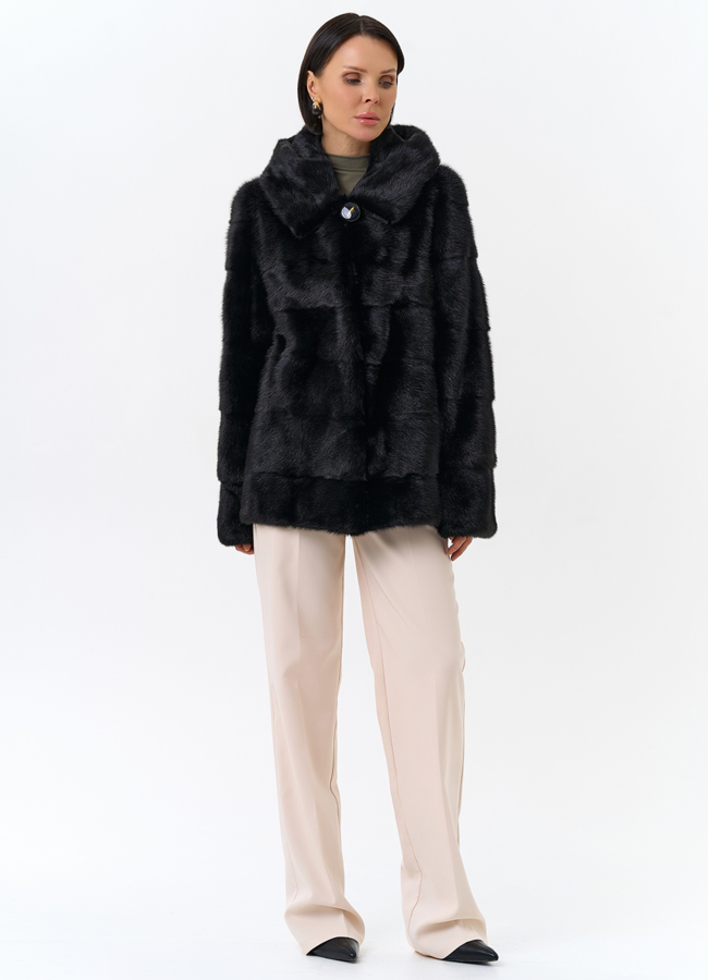 Укороченная норковая шуба черного цвета 2 в 1 модель № 25396 в кредит