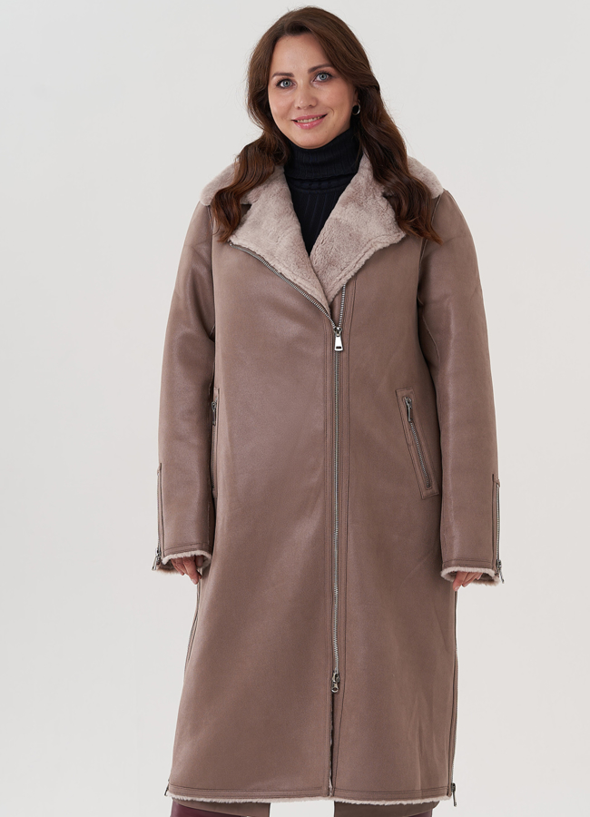 Женская дубленка  из эко замши  модель № 81993 меха малина