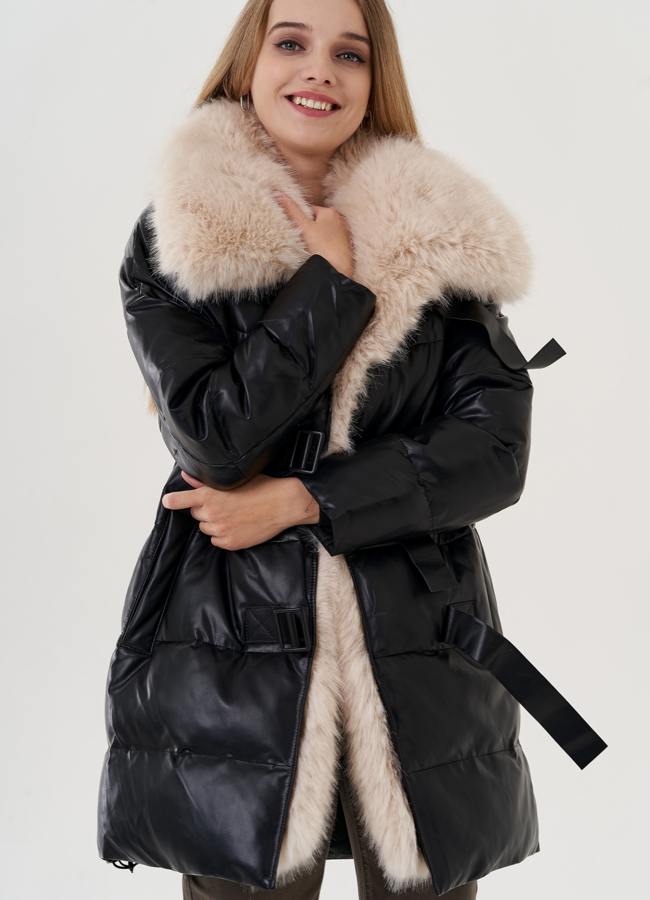 Пуховик из эко кожи с воротником из эко меха  модель № 24868 универмаг малина