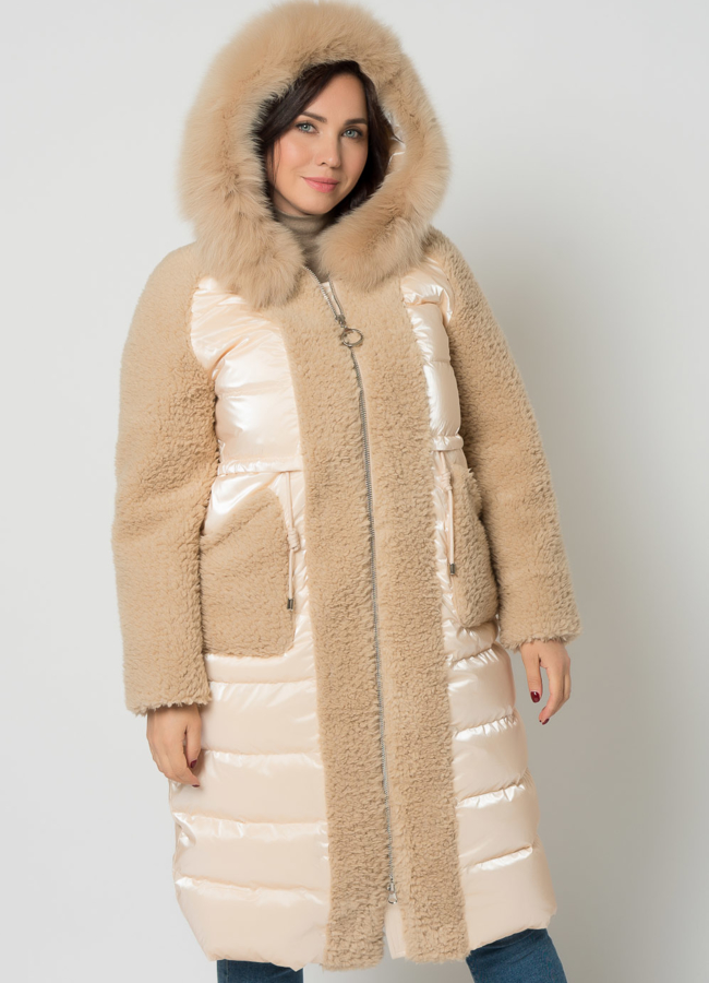 Пуховик комбинированный с эко мехом модель № 19247 меха малина