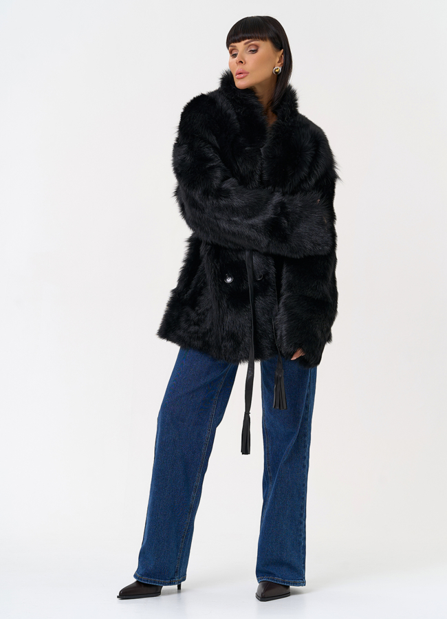 Двухсторонняя дубленка черного цвета с декоративным поясом модель № 31618 универмаг малина Двухсторонняя дубленка черного цвета с декоративным поясом модель № 31618 универмаг малина