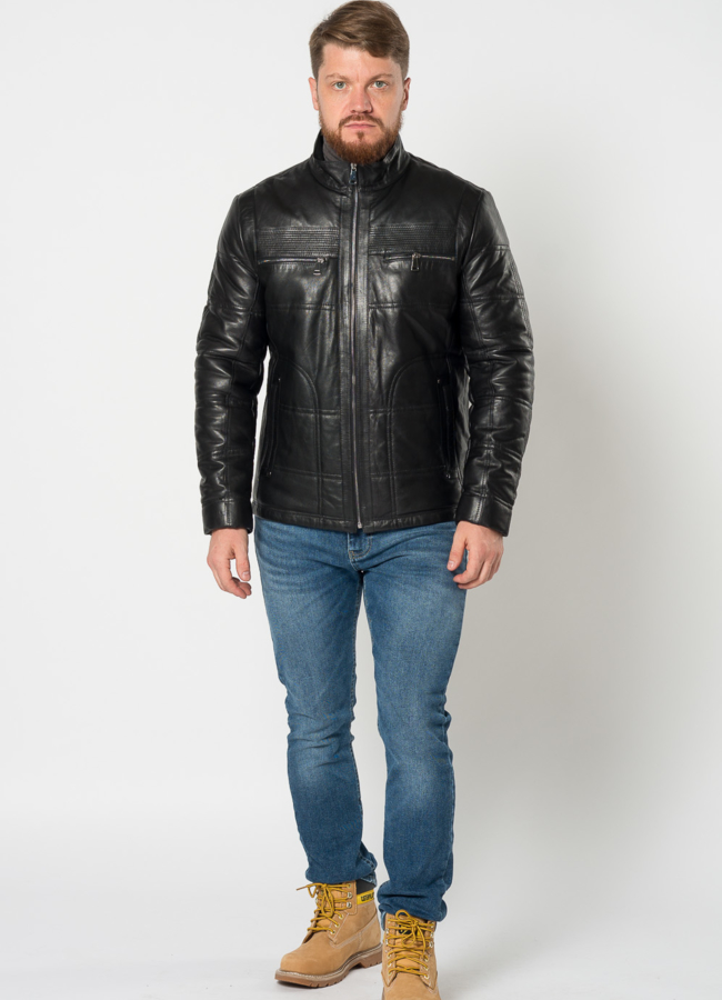 фото Утепленная куртка из натуральной кожи в черном цвете модель № 21616