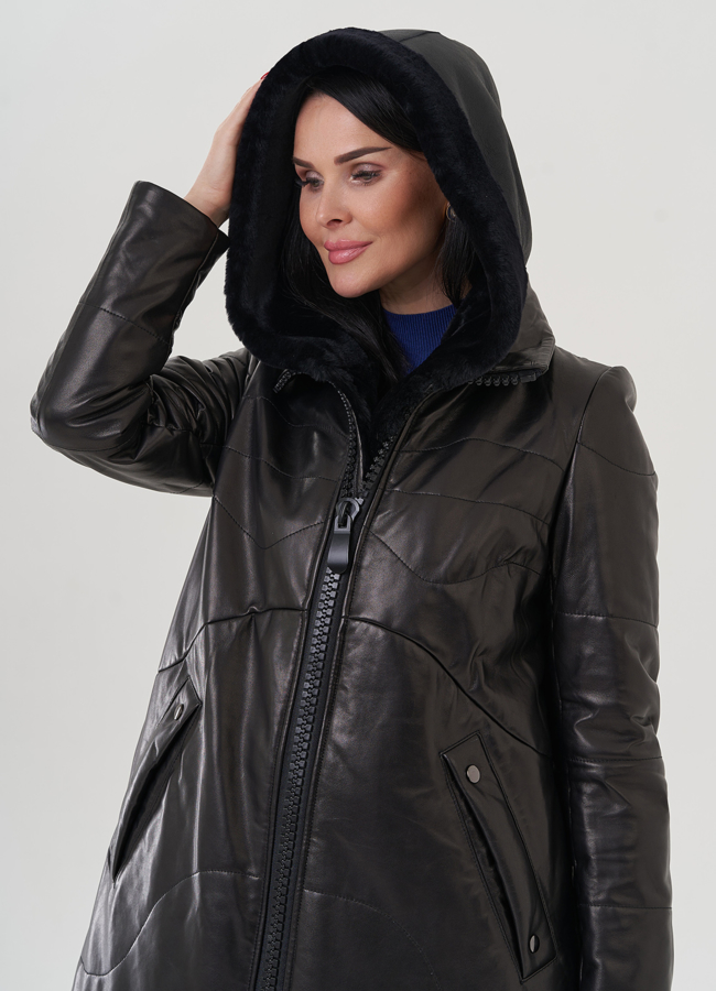 Пуховик из натуральной кожи на молнии с капюшоном модель № 19575 универмаг малина Пуховик из натуральной кожи на молнии с капюшоном модель № 19575 универмаг малина