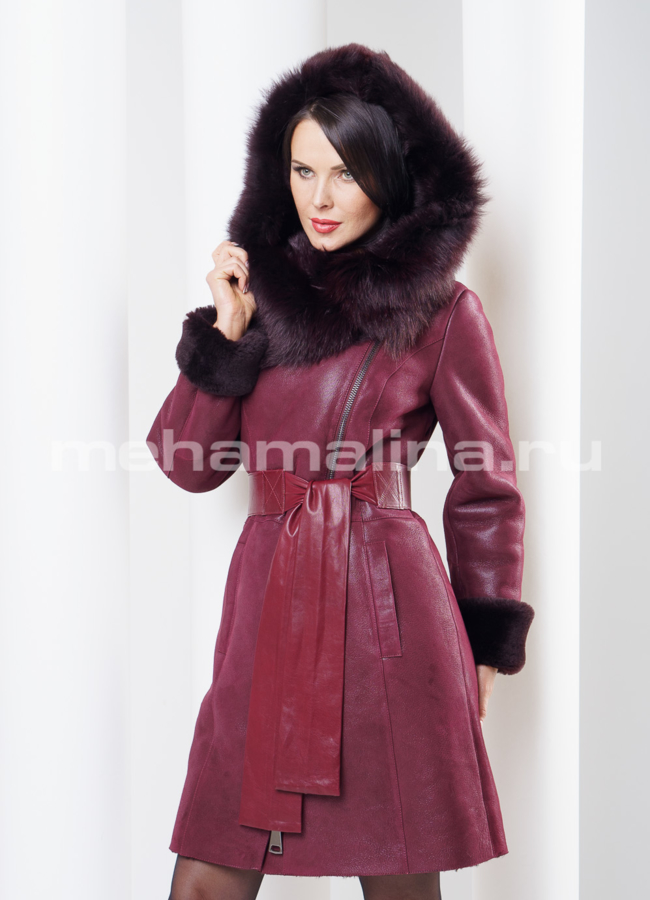 Дубленка на молнии, цвет бордо модель № D-128 меха малина