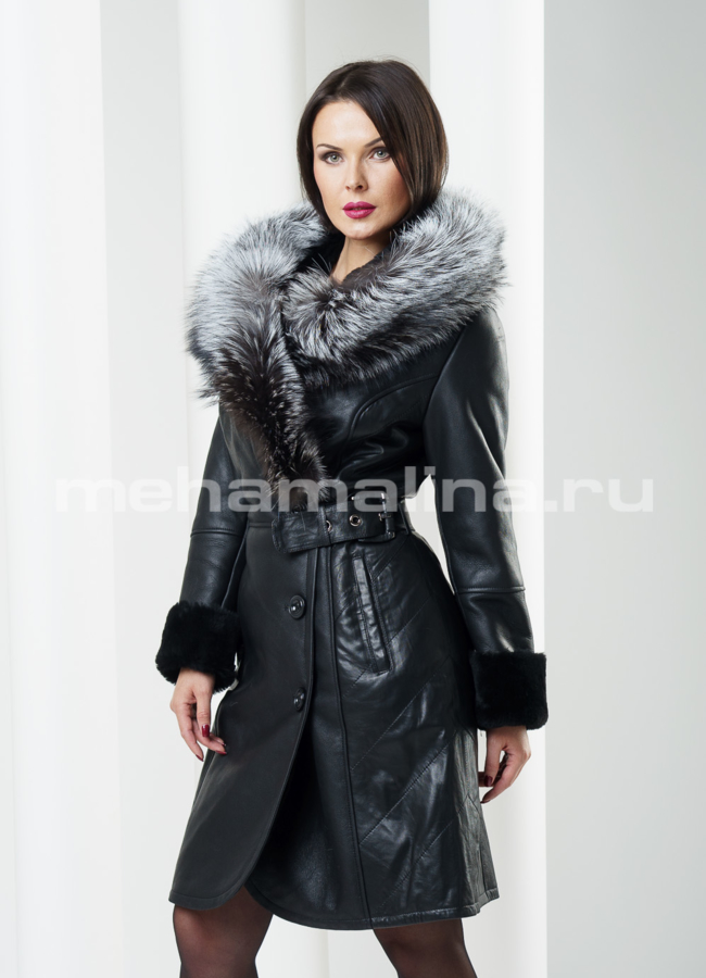 Дубленка с капюшоном, цвет черный модель № D-117 меха малина