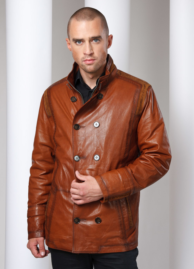 Кожаная куртка модель № KP-3 меха малина