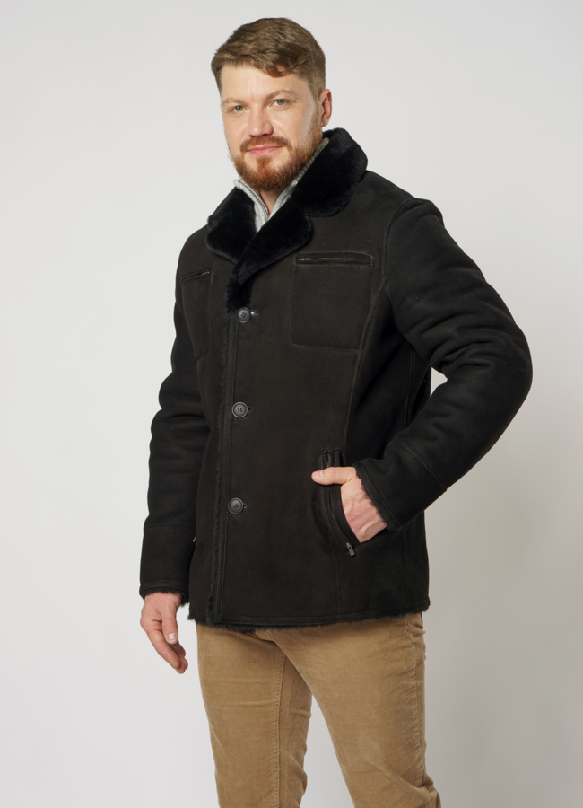 Мужская дубленка на пуговицах, цвет черный модель № DM-123 меха малина