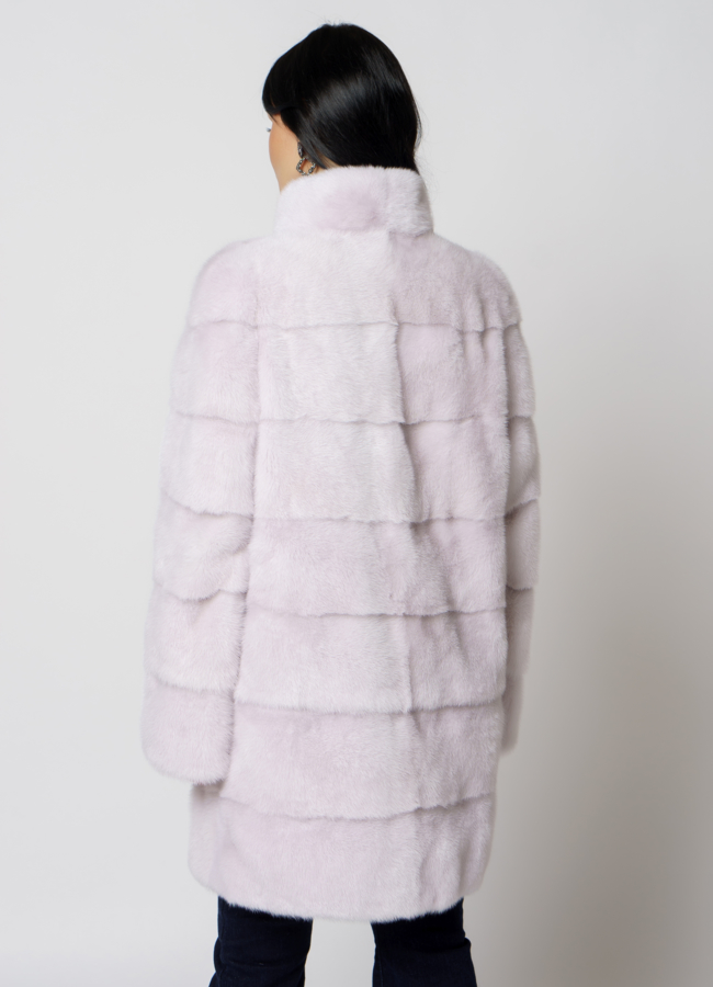 Норковая шуба с воротником стойкой в цвете пудра модель № 19613 в кредит