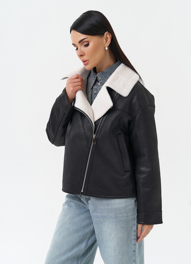 Короткая дубленка из эко замши черного цвета модель № 30207 универмаг малина