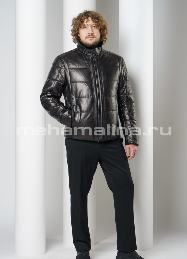 фото Кожаный пуховик черного цвета на молнии модель № ПМ-104