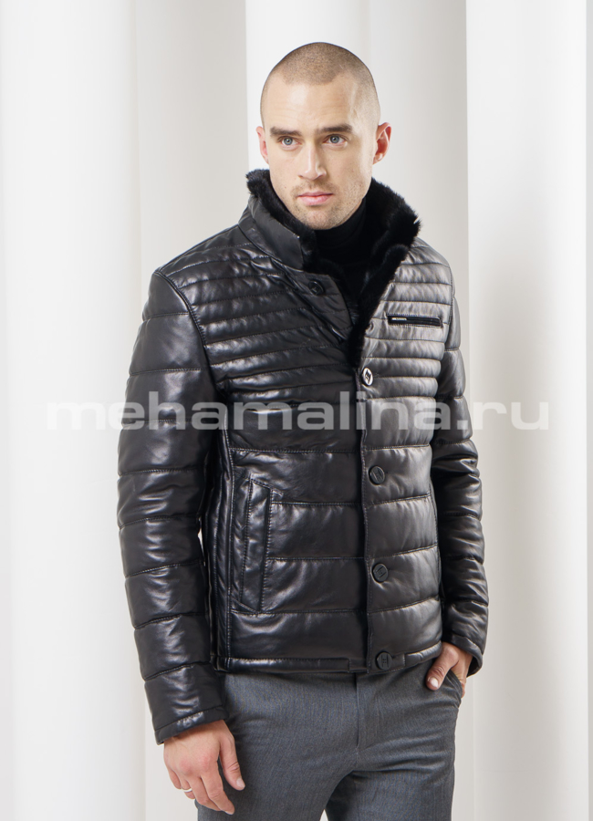 Кожаный пуховик модель № ПМ-58 меха малина
