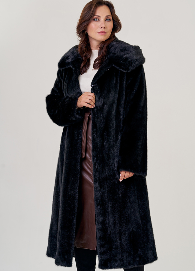 Норковая удлиненная  шуба с капюшоном в черном цвете модель № 80956 меха малина