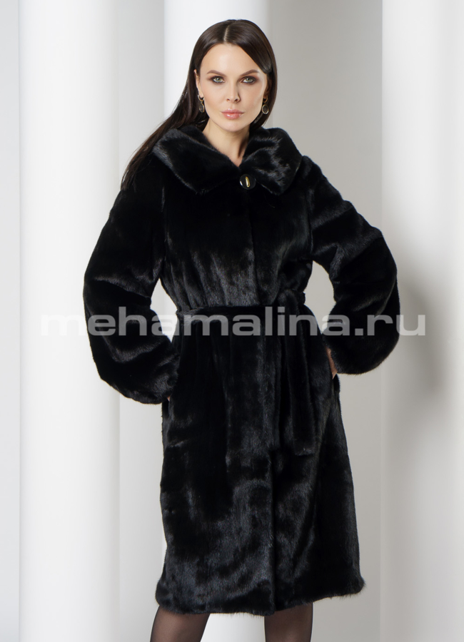 Черная норковая шуба с капюшоном модель № 3007 меха малина
