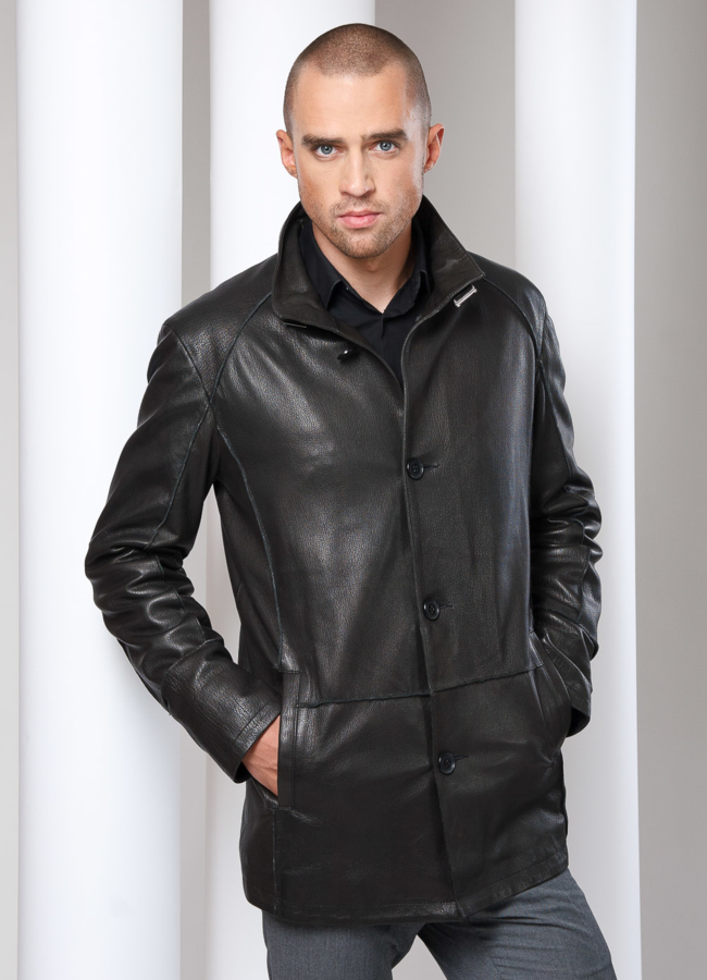 Кожаная куртка модель № KP-5 меха малина